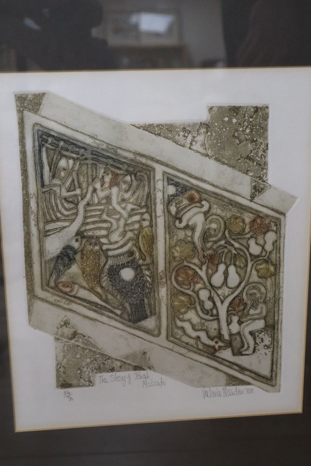 Valerie Thornton, etching, The Story of Jonah, Geoff Machin, limited edition abstract print and Winifred Pickard, print, Seagulls in Co